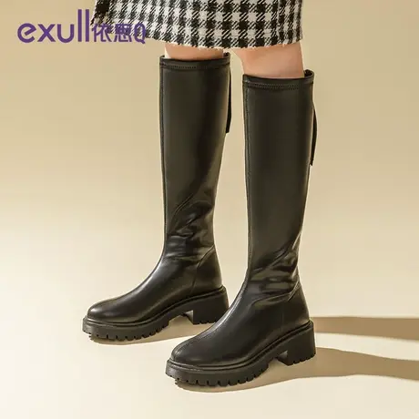 依思q靴子女2023新款长筒靴高跟增高时装黑色圆头秋季通勤女靴图片