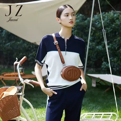 JZ玖姿商场同款单上衣女2023夏季新款撞色珍珠白针织衫JWCX31241图片