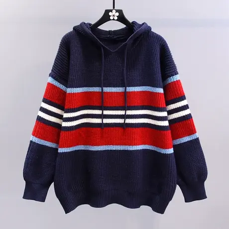 撞色条纹连帽毛衣女秋冬2023新款宽松慵懒风高级感加厚针织衫上衣图片
