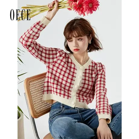 Oece气质针织外套秋装新款女装法式复古毛衣格纹长袖开衫春秋商品大图