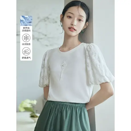 茵曼文艺甜美T恤2023夏女装新款圆领立体流苏贴布拼接泡泡袖上衣商品大图