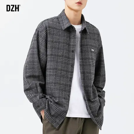 男士毛呢格子衬衫男高级感痞帅秋季长袖衬衣2023新款宽松休闲外套商品大图