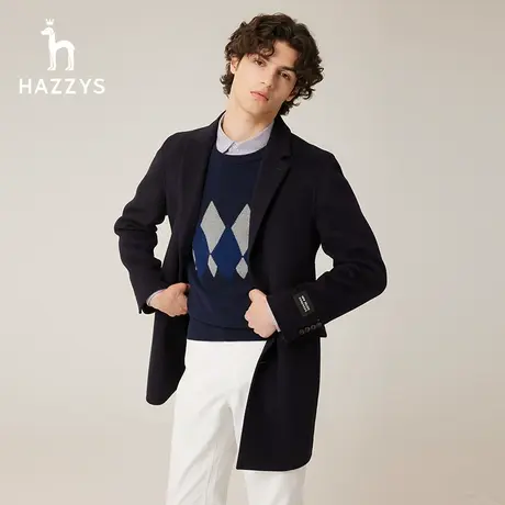 【商场同款】Hazzys哈吉斯冬季新款男士毛呢大衣中长款羊毛外套潮图片