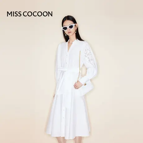 商场同款可可尼COCOON蕾丝长袖白色气质连衣裙女收腰显瘦裙子图片