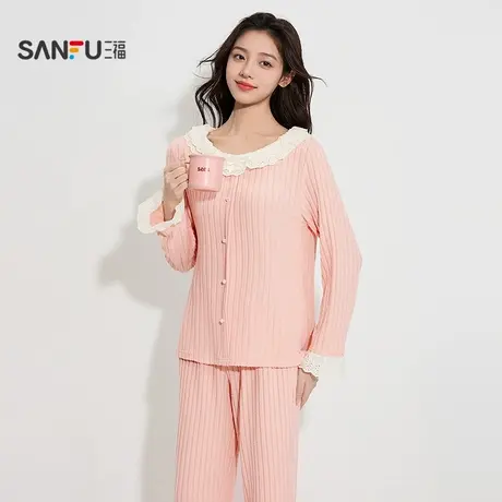 三福女春季花边圆领坑条磨毛睡衣套装 甜系宽松家居服女496061商品大图