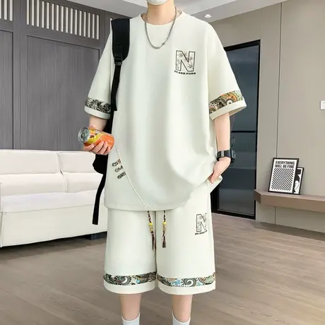 2025夏季新款男士短袖休闲时尚套装潮流欧货加大码扎染印花打底衫图片