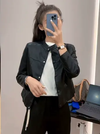 港风复古黑色皮衣外套女早春秋2023新款女装宽松网红机车皮夹克商品大图