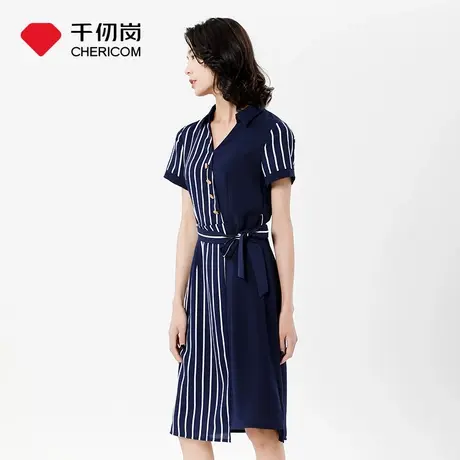千仞岗2021夏季新款女士连衣裙v领短袖收腰拼接条纹显瘦优雅气质图片