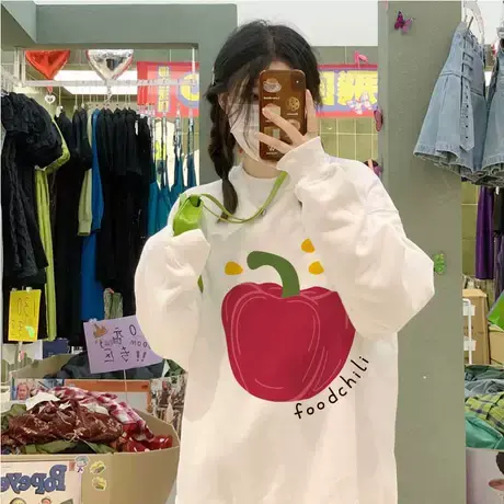 日系chic小辣椒印花卫衣女秋冬oversize宽松休闲ins潮牌加绒上衣商品大图