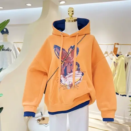 春季兔年新款复古卡通兔子印花宽松大码假两件连帽卫衣女帽衫外套图片