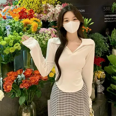 修身辣妹Polo领长袖新款不规则T恤女初秋小众短款露脐打底衫上衣商品大图