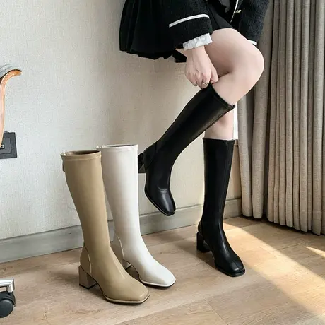 永希长筒靴女粗跟骑士靴2023年新款夏季高筒不过膝显瘦时尚骑士靴图片