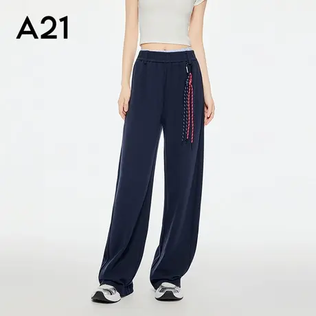 A21女装松紧腰撞色双腰头休闲裤美式装饰挂件阔腿裤图片