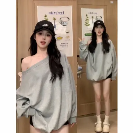 美式斜肩卫衣露肩设计感露肩灰色上衣女春秋季2025新款慵懒风长袖商品大图