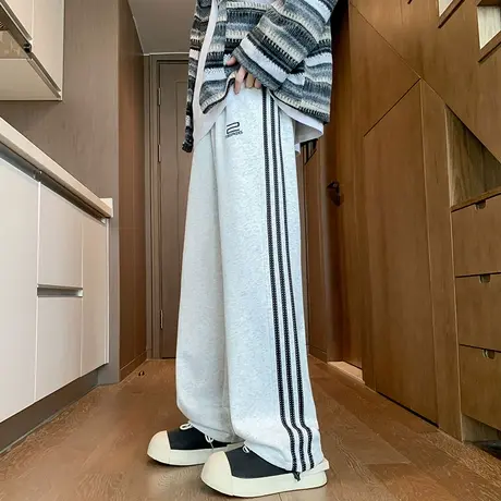 卫裤男春秋季美式复古灰色阔腿长裤oversize港风垂感条纹运动裤子图片