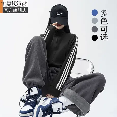 灰色运动裤女春秋2024新款宽松直筒阔腿裤束脚休闲卫裤加绒裤子女商品大图
