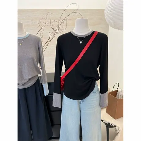 假两件设计感长袖T恤女秋冬韩版修身打底衫内搭可外穿拼接上衣服商品大图