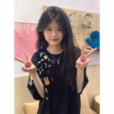 国潮纯棉美式落肩短袖t恤女2025新款设计感小众宽松半袖黑色上衣图片