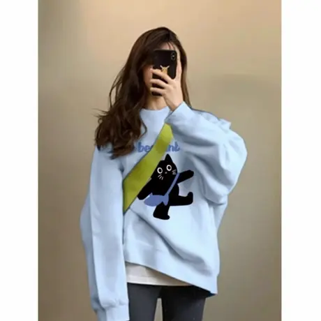 美拉蓝穿搭圆领卫衣女装秋季2025年新款慵懒宽松加绒无帽套头上衣商品大图