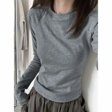 KV真维斯灰色早秋内搭打底衫长袖T恤女春秋修身显瘦正肩圆领上衣商品大图