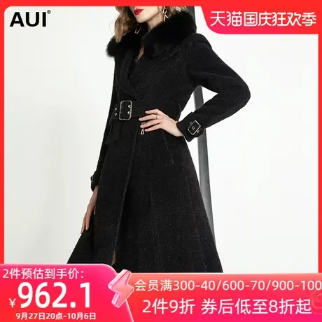 aui黑色可拆卸真狐狸毛领呢子大衣女中长款2023秋冬新款毛呢外套商品大图