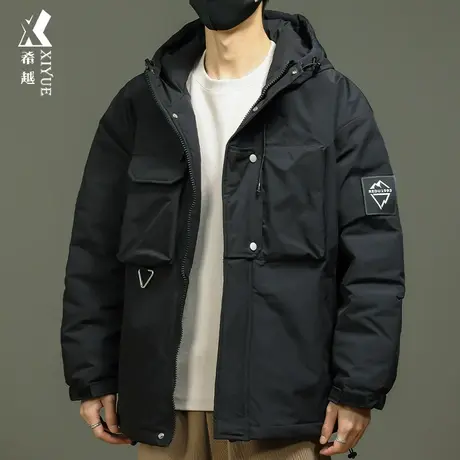希越小牛津连帽棉衣外套男冬季宽松大码纯色工装户外黑色棉袄外套商品大图