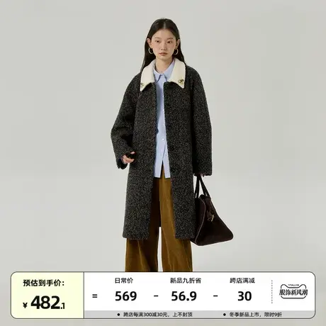 omont蛋挞家 复古圈圈呢子大衣女2023冬季新撞色领中长款毛呢外套商品大图