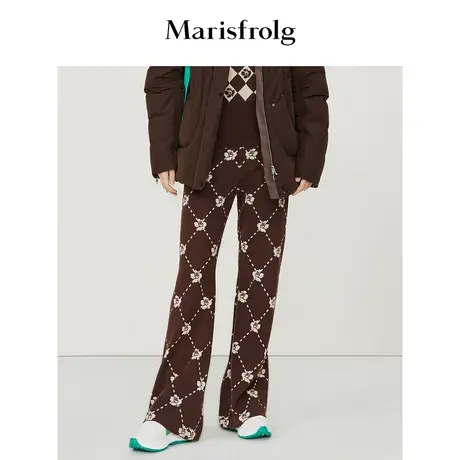 【商场同款】玛丝菲尔冬季新款美利奴羊毛棕色花稿微喇休闲裤图片