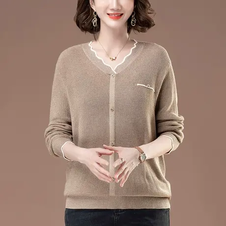 中年妈妈春秋季针织打底衫女宽松加肥加大码女装洋气百搭v领毛衣商品大图