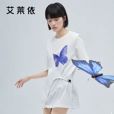 艾莱依设计感蝴蝶印花t恤女2022夏季新款下身消失半袖不规则上衣商品大图