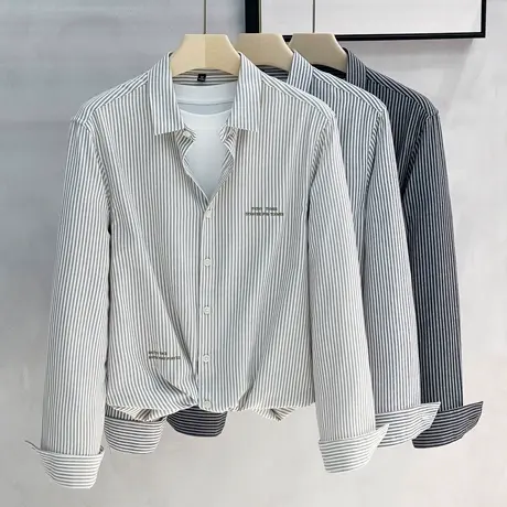 休闲衬衫男长袖条纹刺绣韩版修身男装上衣服外穿男士衬衣2023新款商品大图