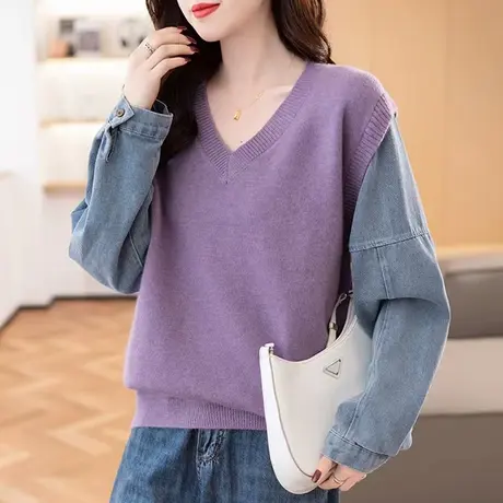 时尚拼接牛仔袖假两件V领文艺范针织衫女装外穿上衣2023秋冬新款商品大图