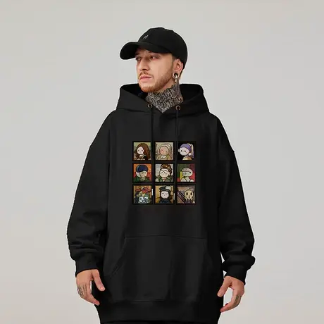 港风加肥加大码连帽美式重磅复古胖子男装宽松做旧卫衣加绒秋冬款商品大图