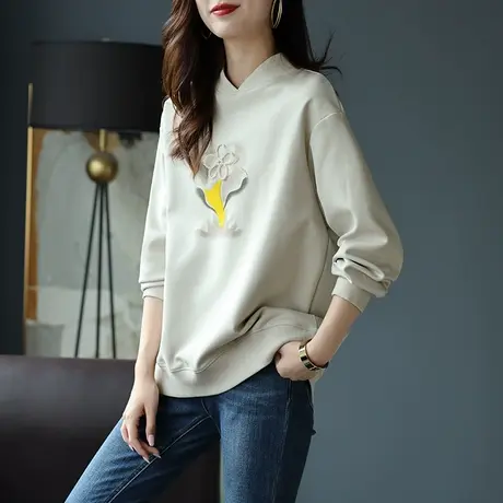 宝诗黎半高领钉珠印花落肩卫衣宽松洋气秋装2023新款女士长袖上衣商品大图