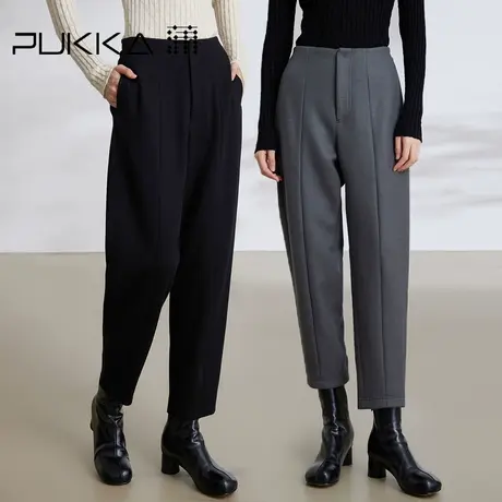 蒲PUKKA 定制针织羊毛呢萝卜裤女2023年秋冬通勤连腰微弹加厚长裤商品大图