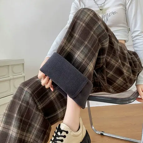 复古格子阔腿裤女冬季新款加绒加厚高腰垂感休闲宽松直筒毛呢裤子图片