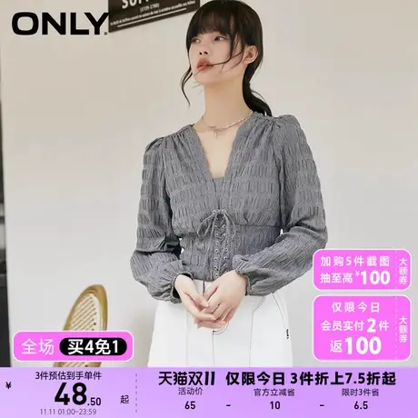 【买4免1】ONLY奥莱夏季复古长袖V领短款抽绳系带格子衬衫女商品大图