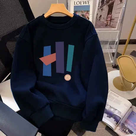 长袖上衣女2023新款加绒高街风圆领卫衣ins大码秋冬炸街别致外套图片