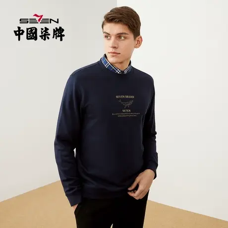 柒牌男士清仓卫衣春秋装青年休闲百搭长袖纯棉圆领绣花体恤上衣潮商品大图