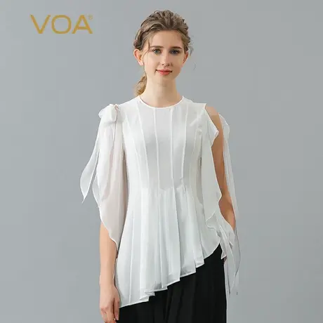 VOA雅士白双层乔其桑蚕丝圆领无袖系带活页斜摆宽松沙爽真丝T恤衫图片