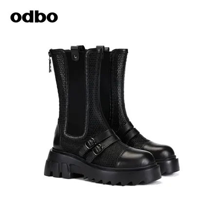 odbo/欧迪比欧odbo 暗黑风工装织网牛皮中筒靴女2023新款真皮靴子商品大图