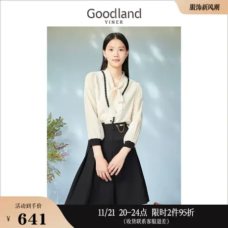 Goodland美地女装春季时尚假两件撞色蕾丝包边飘带领衬衫上衣商品大图