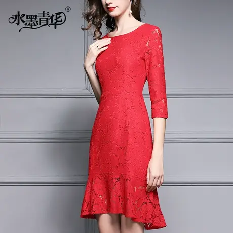 【1件7.9折】冬装新品气质优雅修身鱼尾摆时尚七分袖蕾丝连衣裙商品大图