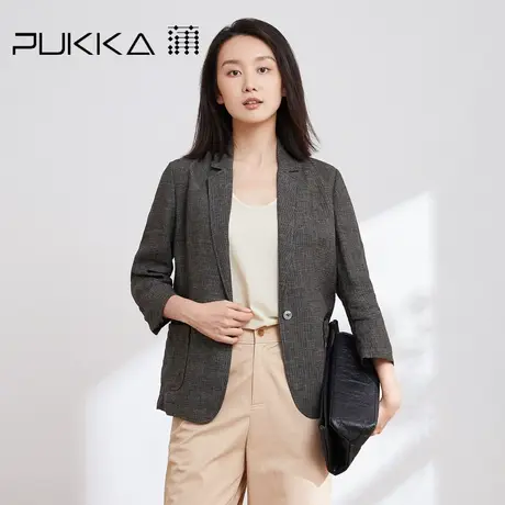 蒲PUKKA 亚麻小西装女春季新款宽松休闲格纹原创设计短外套图片