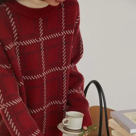 omont蛋挞家 复古格纹提花毛衣女冬季设计感外穿加厚针织衫上衣图片