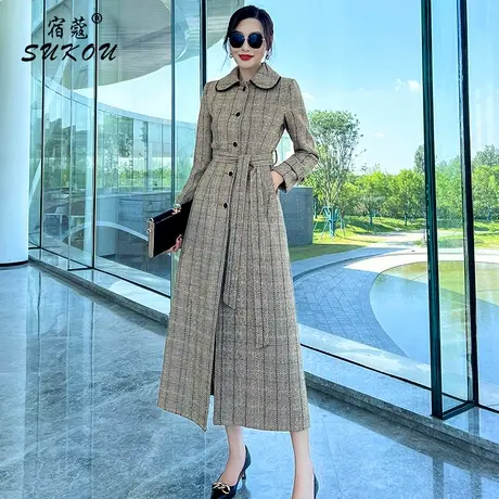 浅咖色格子大衣简约气质收腰毛呢外套女加长款韩版2024新款春秋装商品大图