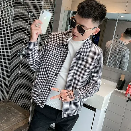 2023秋季新款潮男韩版修身格子夹克网红潮牌潮流个性休闲百搭外套商品大图