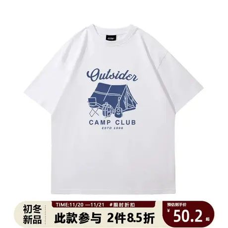 港风户外露营印花短袖男款t恤夏季宽松半袖印情侣重磅纯棉体桖图片