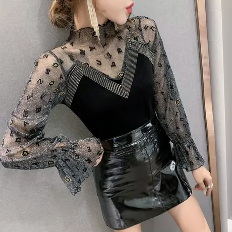 加绒加厚打底衫女秋冬百搭洋气烫钻T恤女长袖小高领蕾丝拼接上衣商品大图