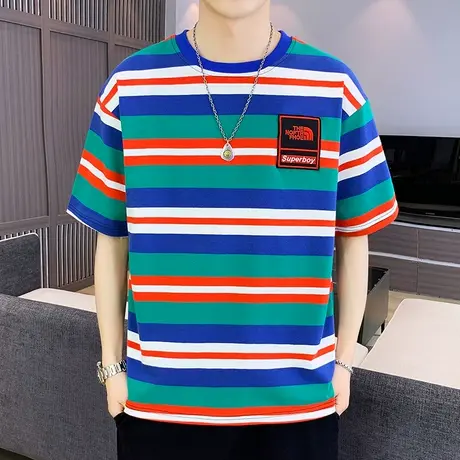 彩虹撞色条纹T恤衫男夏季个性贴标半袖上衣韩版潮流百搭男短袖t恤商品大图
